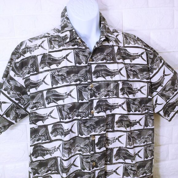 Vintage 90s Kahala Aloha Shirt -M Buttons Pocket SSL Vents Mahi Flying Fish - Picture 2 of 12